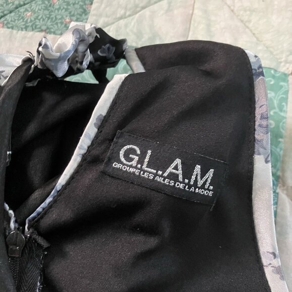 Y2K GLAM Halter Mini Dress Womens S Gray Stripe Black Floral 2000s Vintage - Picture 5 of 9